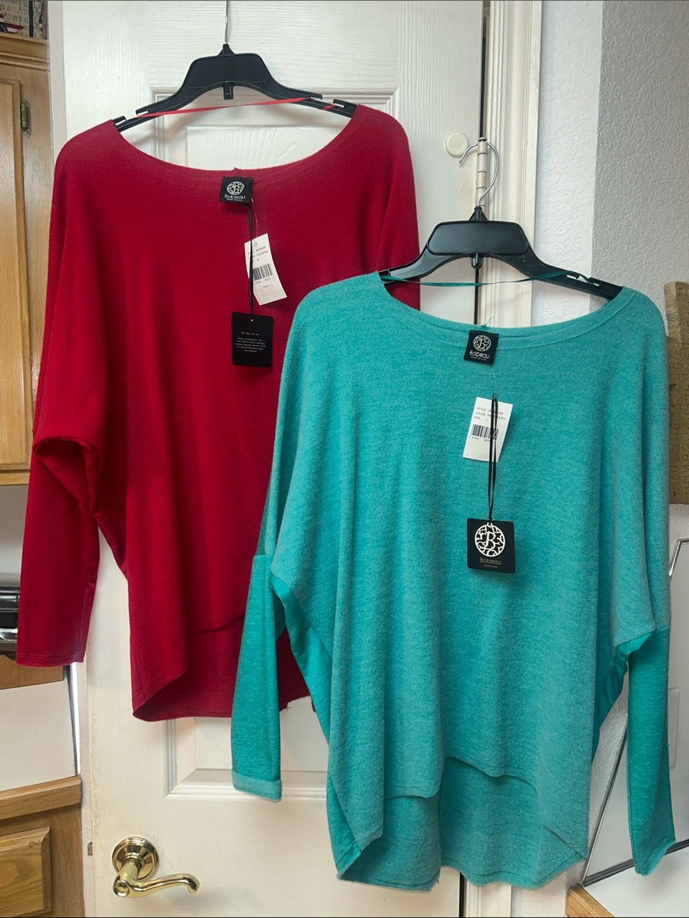 BOBEAU⭐️NWT Lot of 2 Soft Boatneck SWEATERS - Raspberry Red & Soft teal Green